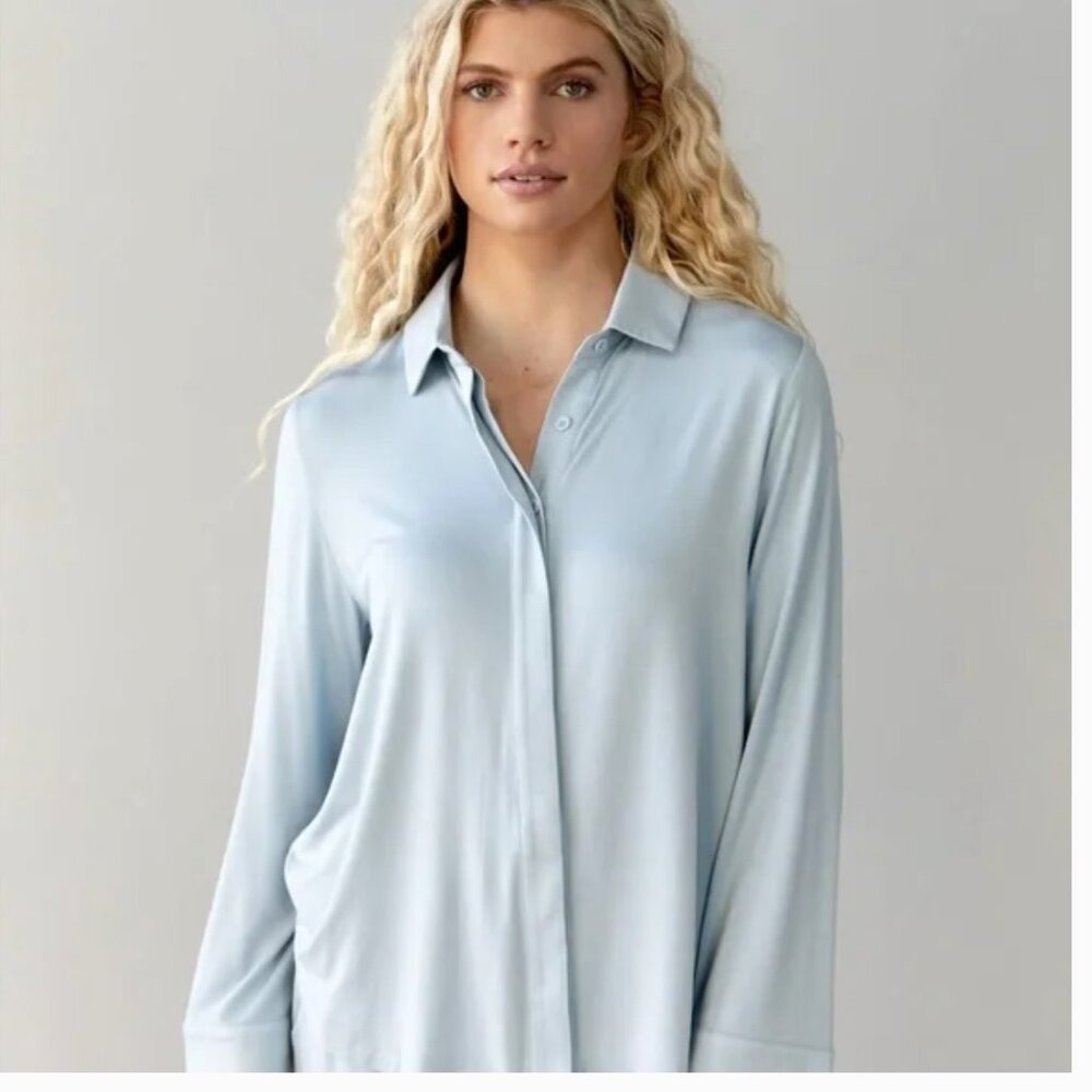 Cozy Earth Women's Bamboo Stretch-Knit Collared Long‎ Sleeve Button Down Size S